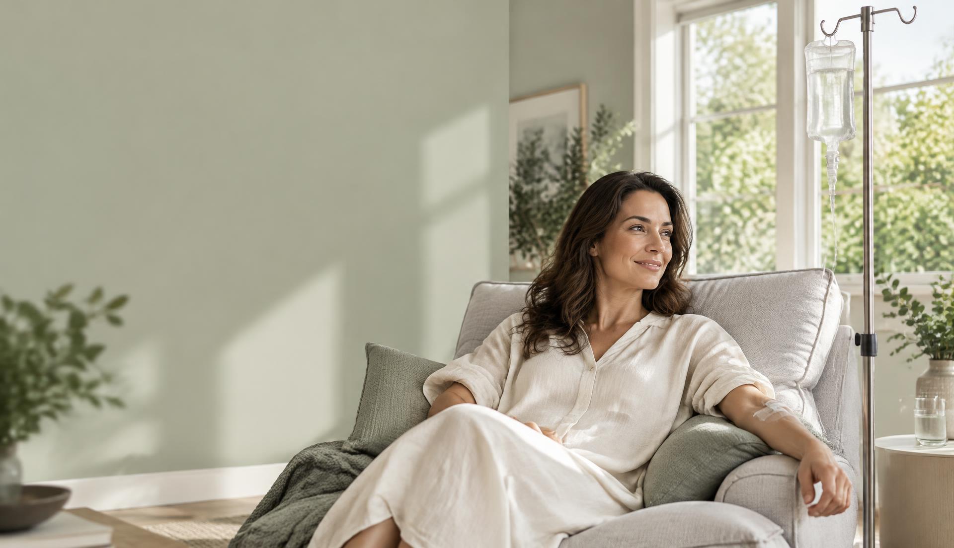 Woman relaxing at home during an IV hydration treatment